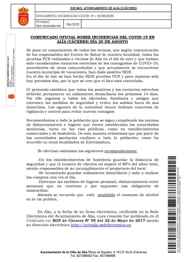 17 casos positivos de COVID-19 (agosto 2020) - Alía (Cáceres)