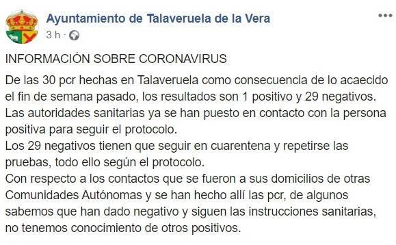 29 negativos por coronavirus (agosto 2020) - Talaveruela de la Vera (Cáceres)