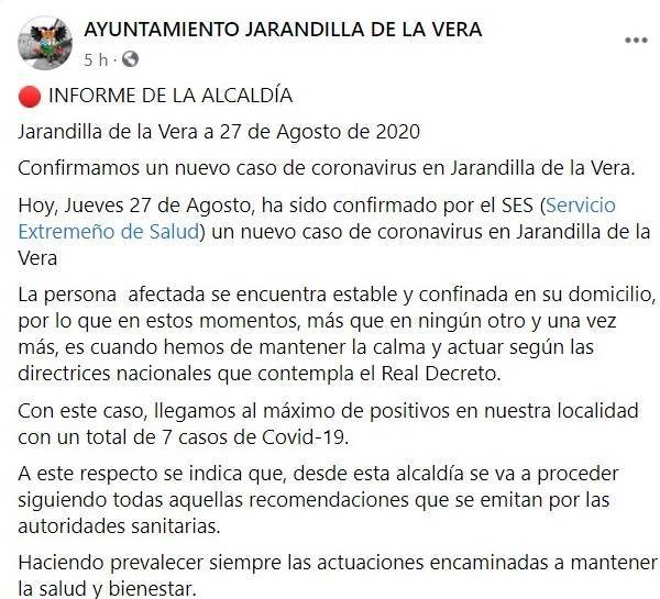 7 casos positivos de COVID-19 (agosto 2020) - Jarandilla de la Vera (Cáceres)