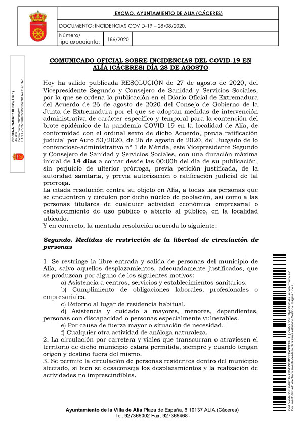 Aislamiento social por coronavirus (agosto 2020) - Alía (Cáceres) 2