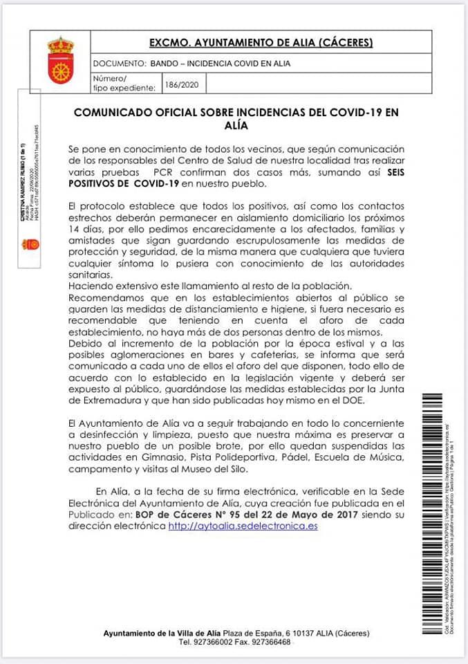Brote de COVID-19 (agosto 2020) - Alía (Cáceres)