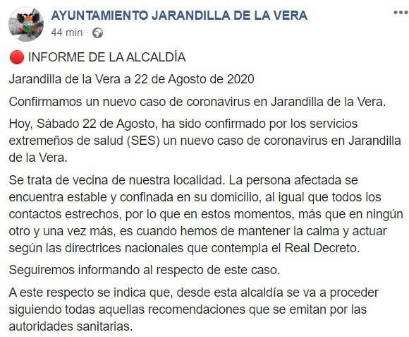 Cuarto positivo por coronavirus (agosto 2020) - Jarandilla de la Vera (Cáceres)