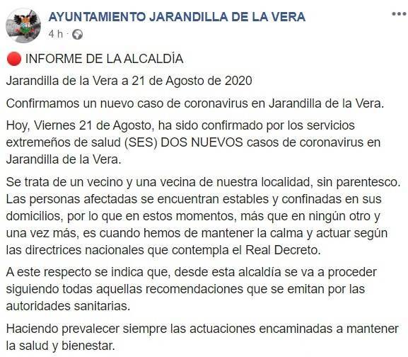 Dos nuevos positivos por coronavirus (agosto 2020) - Jarandilla de la Vera (Cáceres)
