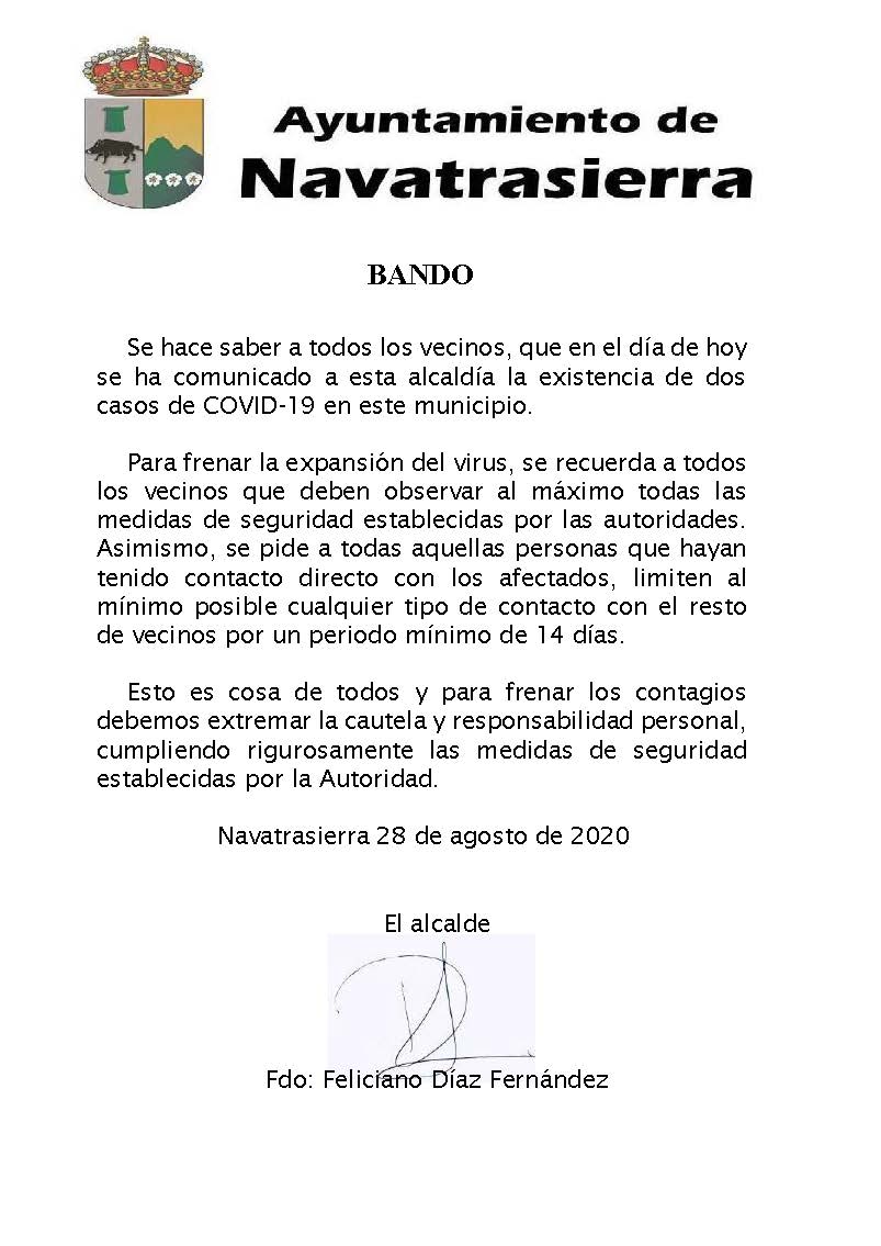 Dos positivos por coronavirus (agosto 2020) - Navatrasierra (Cáceres)