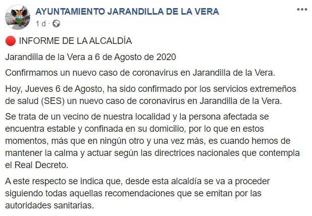 Nuevo caso positivo por COVID-19 agosto 2020 - Jarandilla de la Vera (Cáceres)