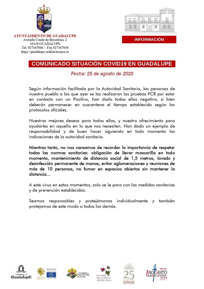 PCR negativos por COVID-19 (agosto 2020) - Guadalupe (Cáceres)