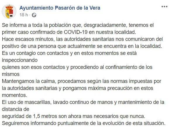 Primer caso positivo por COVID-19 agosto 2020 - Pasarón de la Vera (Cáceres)