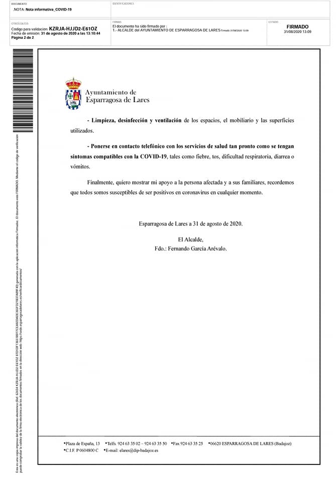 Primer positivo por coronavirus (agosto 2020) - Esparragosa de Lares (Badajoz) 2