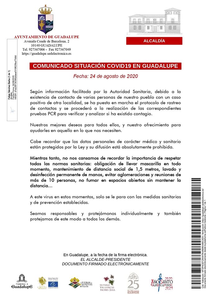 Rastreo de contactos de COVID-19 (agosto 2020) - Guadalupe (Cáceres)