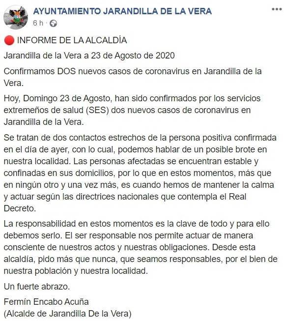 Sexto positivo por coronavirus (agosto 2020) - Jarandilla de la Vera (Cáceres)