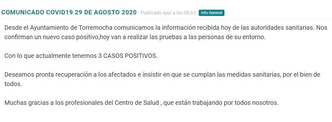 Tercer positivo por coronavirus (agosto 2020) - Torremocha (Cáceres)