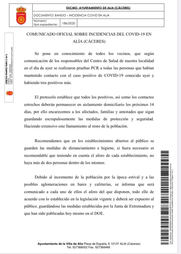 Tres nuevos positivos por coronavirus (agosto 2020) - Alía (Cáceres) 1