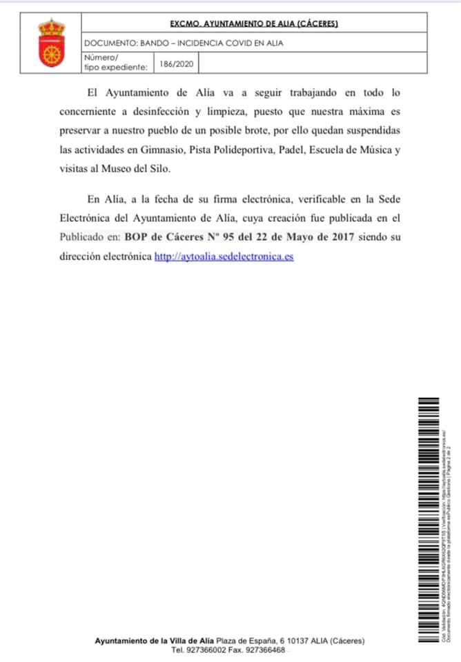 Tres nuevos positivos por coronavirus (agosto 2020) - Alía (Cáceres) 2