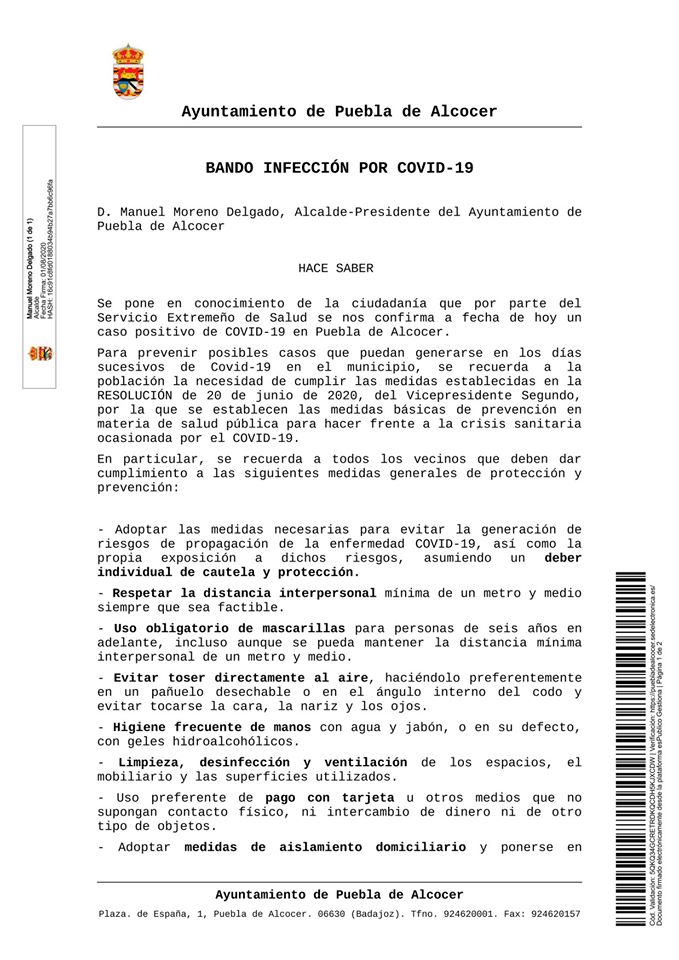 Un caso positivo por COVID-19 agosto 2020 - Puebla de Alcocer (Badajoz) 1