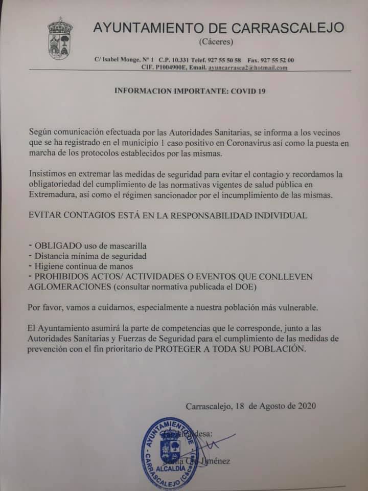 Un positivo por coronavirus (agosto 2020) - Carrascalejo (Cáceres)