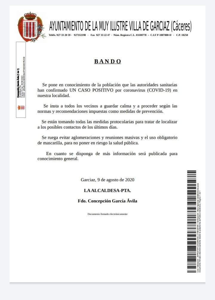 Un positivo por coronavirus agosto 2020 - Garciaz (Cáceres)