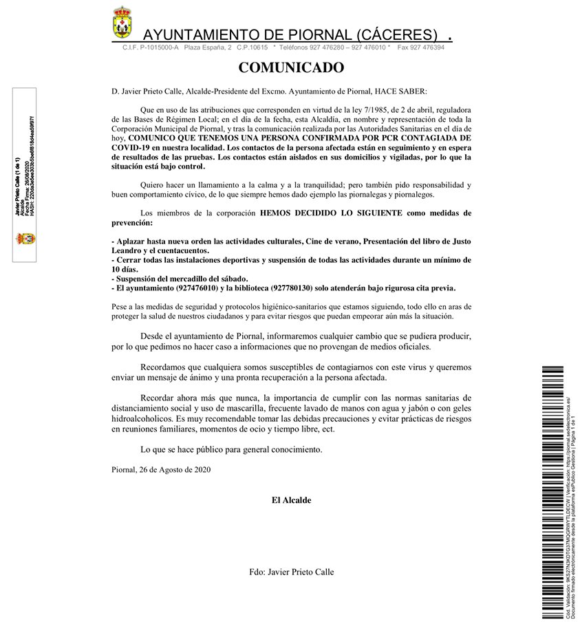 Un positivo por coronavirus (agosto 2020) - Piornal (Cáceres)