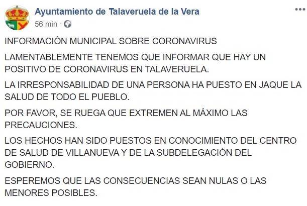 Un positivo por coronavirus (agosto 2020) - Talaveruela de la Vera (Cáceres)