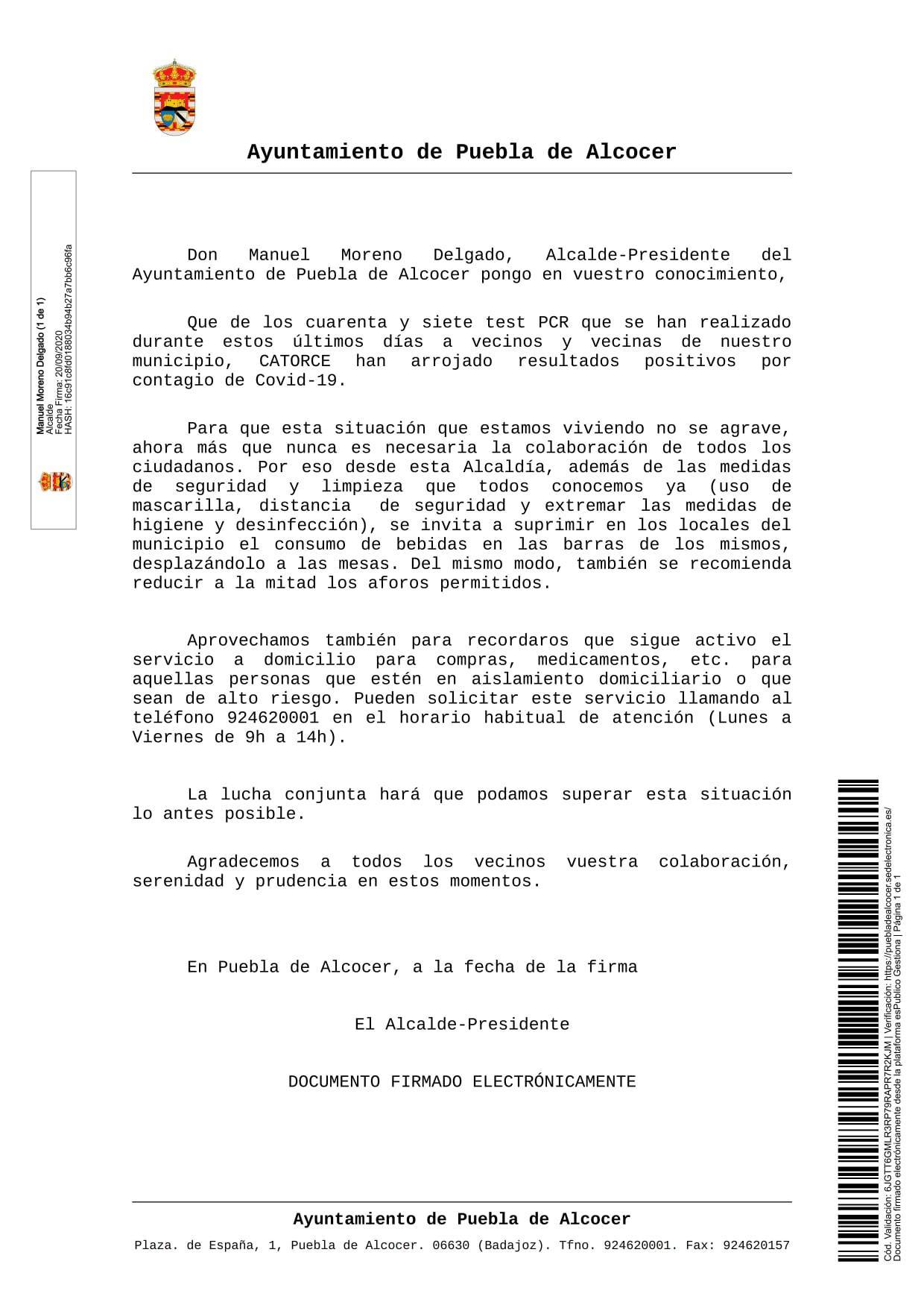 14 casos activos de COVID-19 (septiembre 2020) - Puebla de Alcocer (Badajoz)