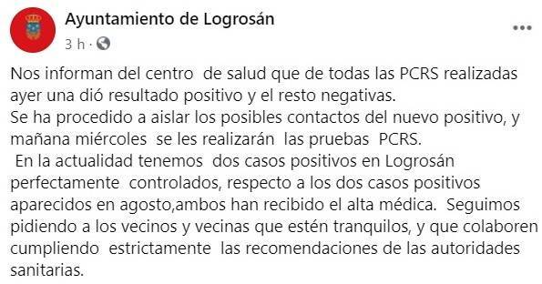 Cuarto positivo por coronavirus (septiembre 2020) - Logrosán (Cáceres)