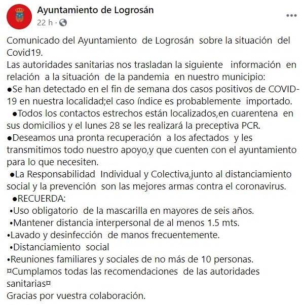 Dos nuevos positivos por coronavirus (septiembre 2020) - Logrosán (Cáceres)