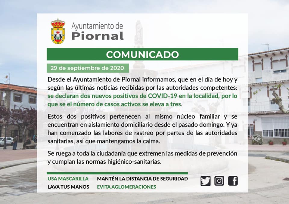 Dos nuevos positivos por coronavirus (septiembre 2020) - Piornal (Cáceres)