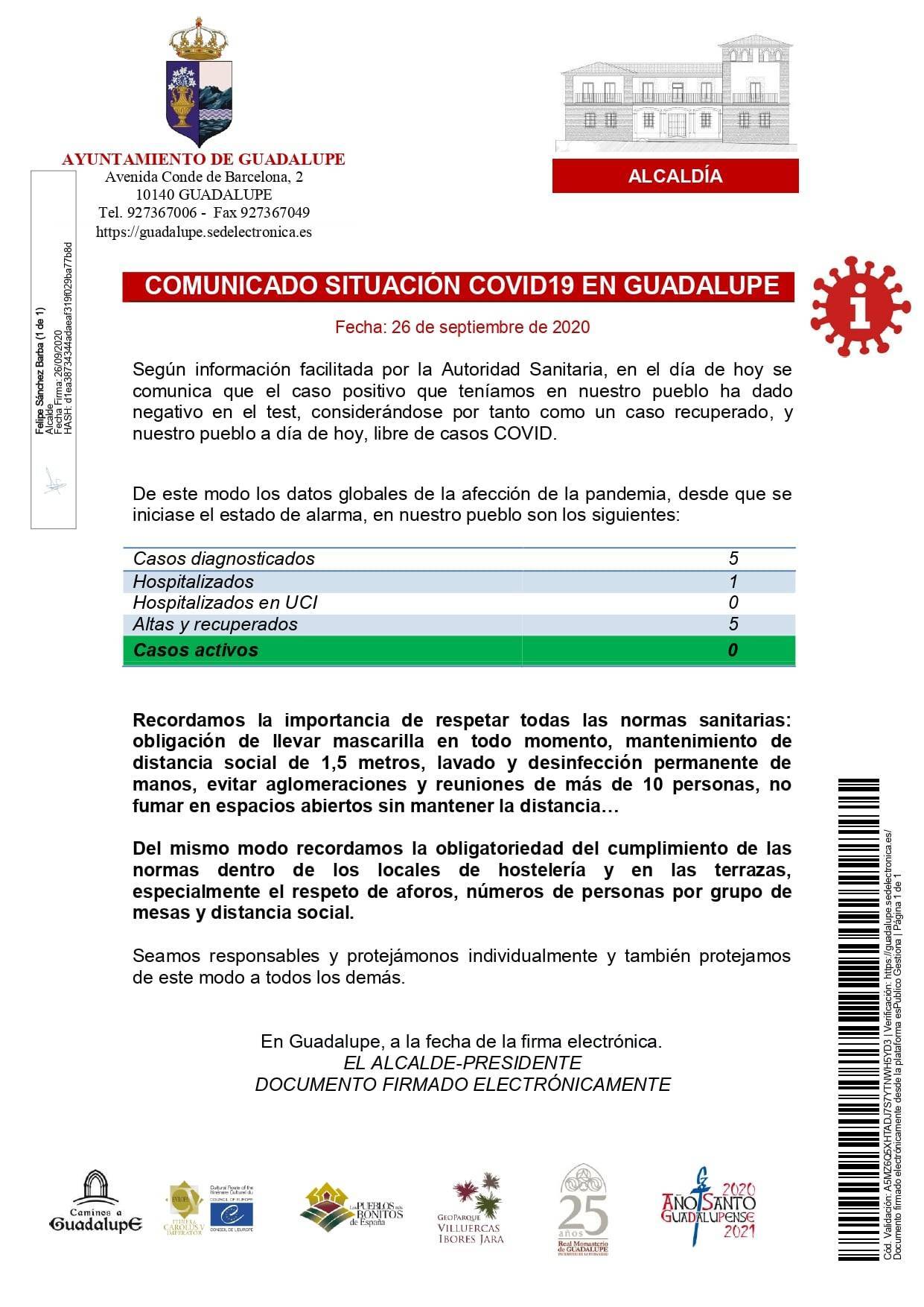 Ningún caso activo de COVID-19 (septiembre 2020) - Guadalupe (Cáceres)
