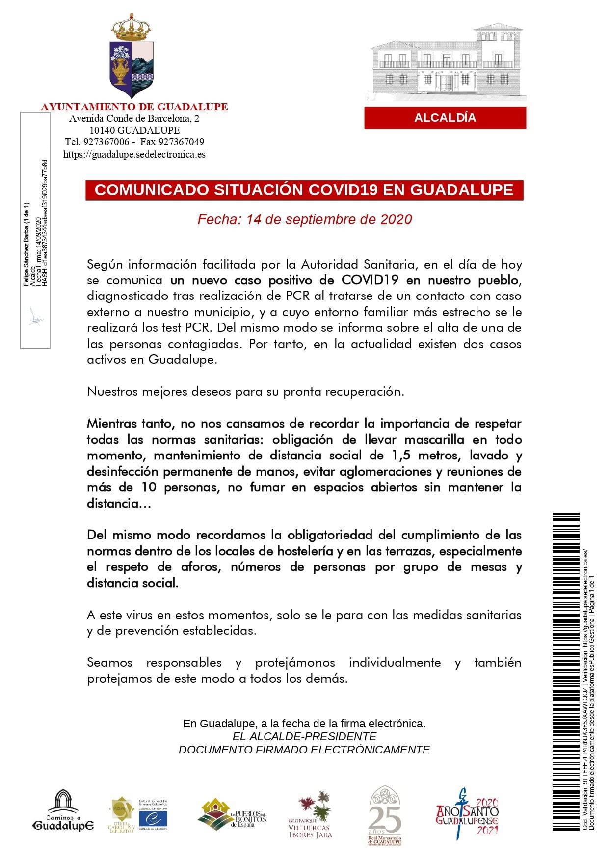 Nuevo caso positivo de COVID-19 (septiembre 2020) - Guadalupe (Cáceres)