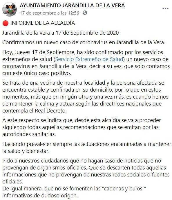Nuevo caso positivo de COVID-19 (septiembre 2020) - Jarandilla de la Vera (Cáceres)