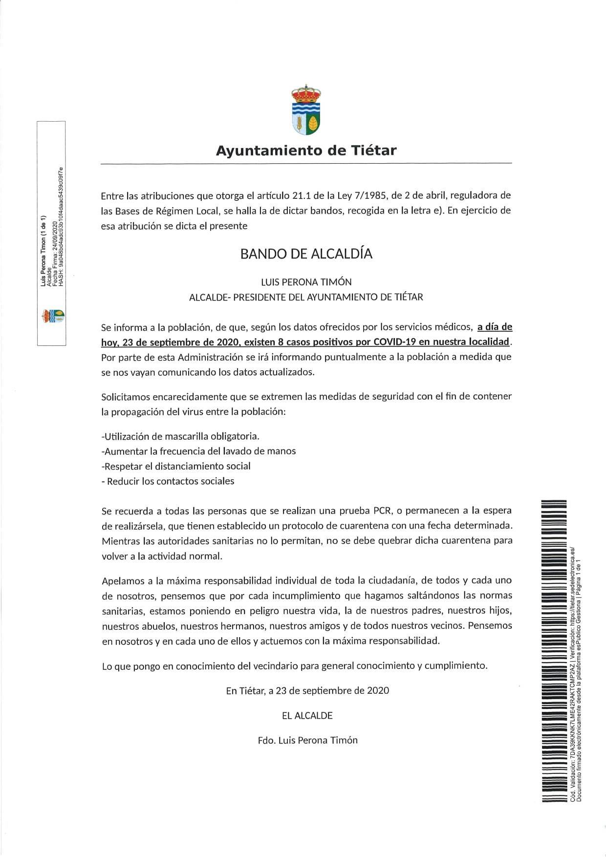 Ocho casos activos de COVID-19 (septiembre 2020) - Tiétar (Cáceres)