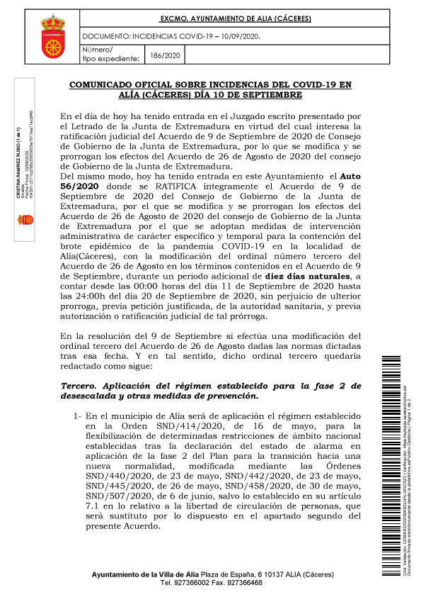 Prórroga del aislamiento social y nuevo positivo por COVID-19 (septiembre 2020) - Alía (Cáceres) 2