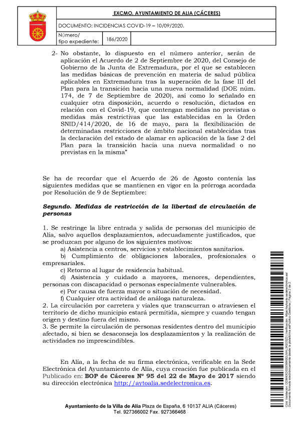 Prórroga del aislamiento social y nuevo positivo por COVID-19 (septiembre 2020) - Alía (Cáceres) 3