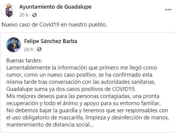 Segundo positivo por coronavirus (septiembre 2020) - Guadalupe (Cáceres)