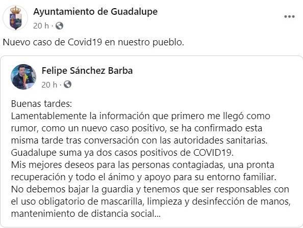Segundo positivo por coronavirus (septiembre 2020) - Guadalupe (Cáceres)