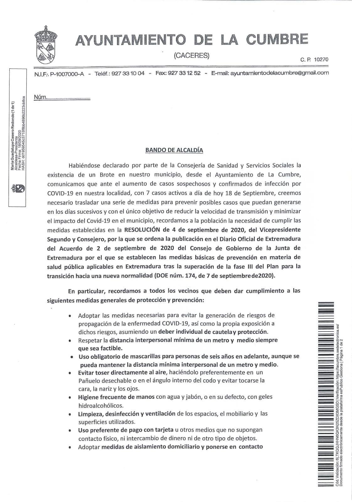 Siete casos activos de COVID-19 (septiembre 2020) - La Cumbre (Cáceres) 1