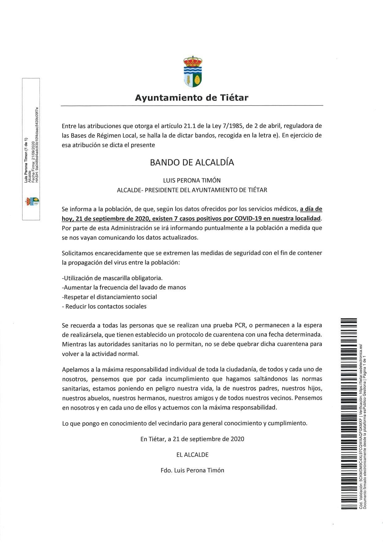 Siete casos activos de COVID-19 (septiembre 2020) - Tiétar (Cáceres)