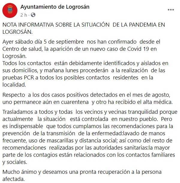 Tercer positivo por coronavirus (septiembre 2020) - Logrosán (Cáceres)