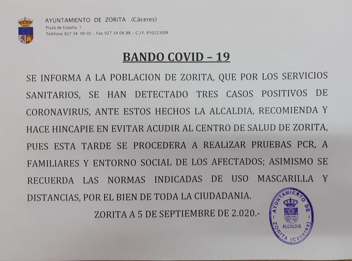 Tres casos positivos de COVID-19 (septiembre 2020) - Zorita (Cáceres)