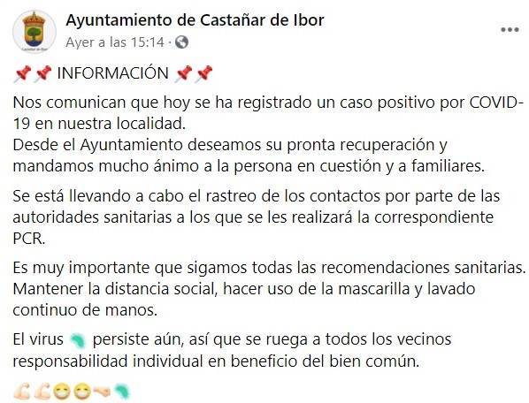 Un caso positivo de COVID-19 (septiembre 2020) - Castañar de Ibor (Cáceres)