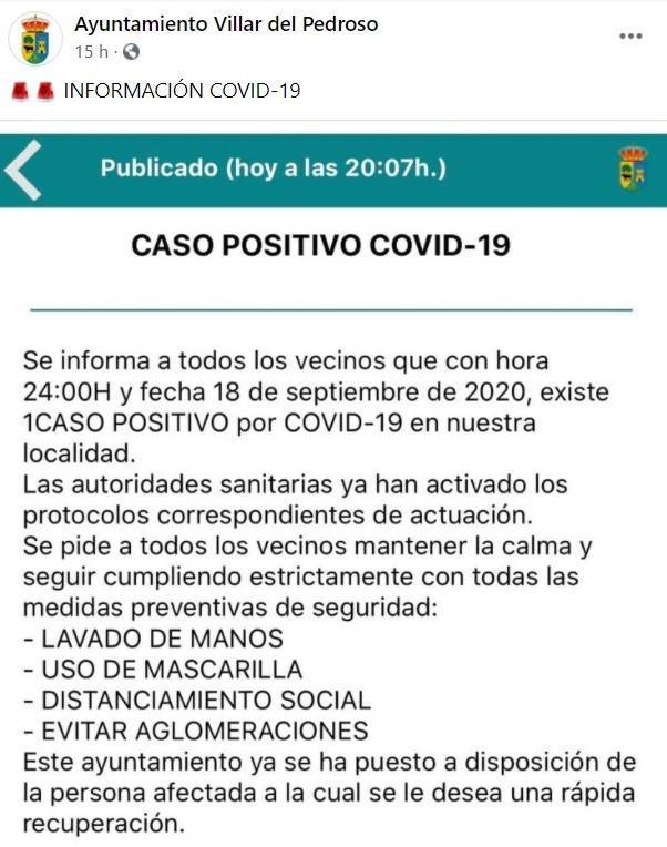 Un caso positivo de COVID-19 (septiembre 2020) - Villar del Pedroso (Cáceres)