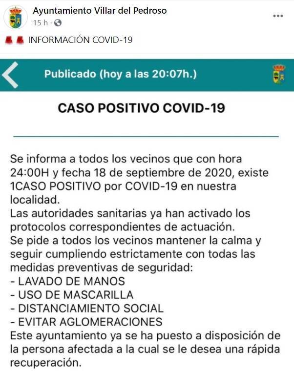 Un caso positivo de COVID-19 (septiembre 2020) - Villar del Pedroso (Cáceres)
