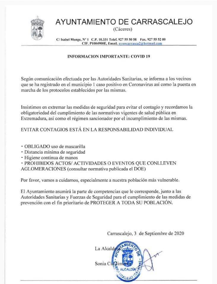 Un nuevo caso de coronavirus (septiembre 2020) - Carrascalejo (Cáceres)