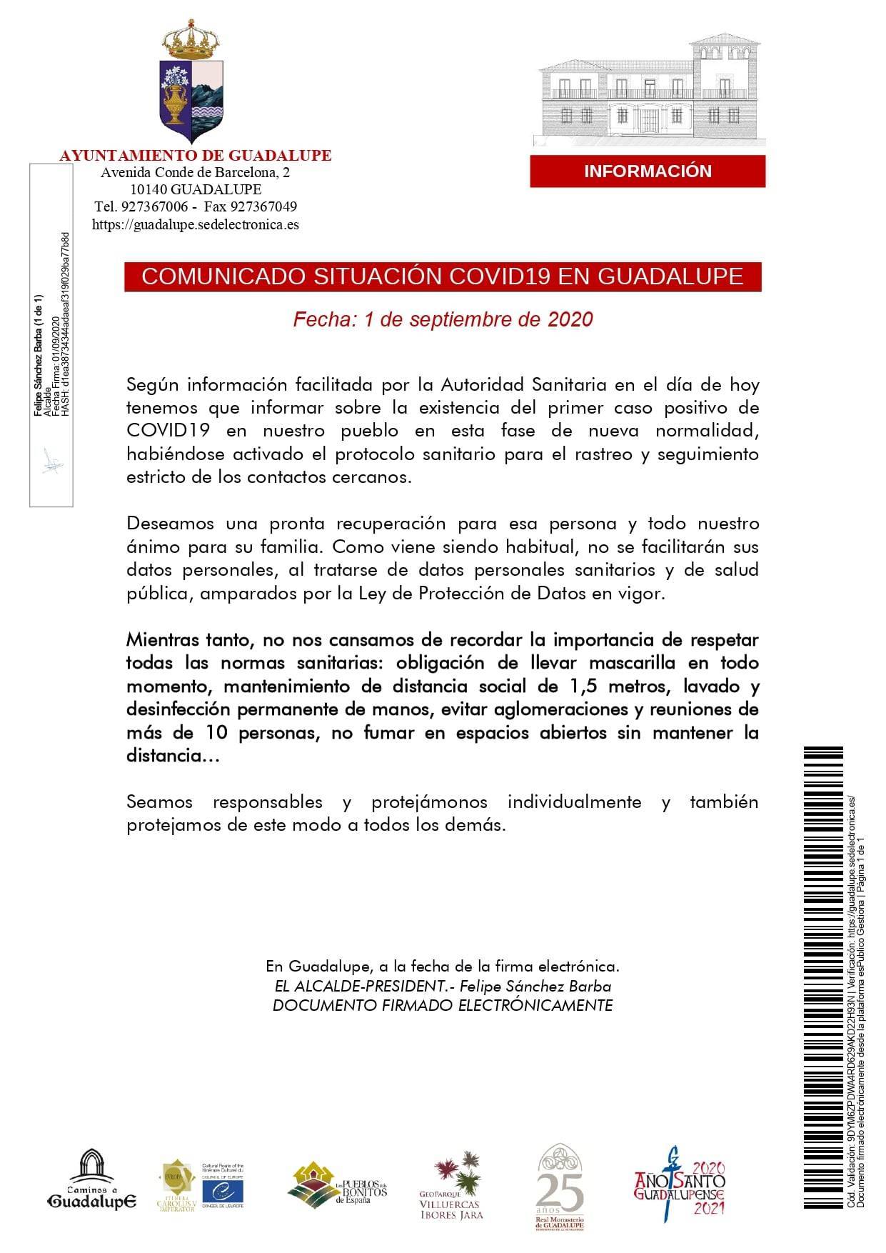 Un positivo por coronavirus (septiembre 2020) - Guadalupe (Cáceres)