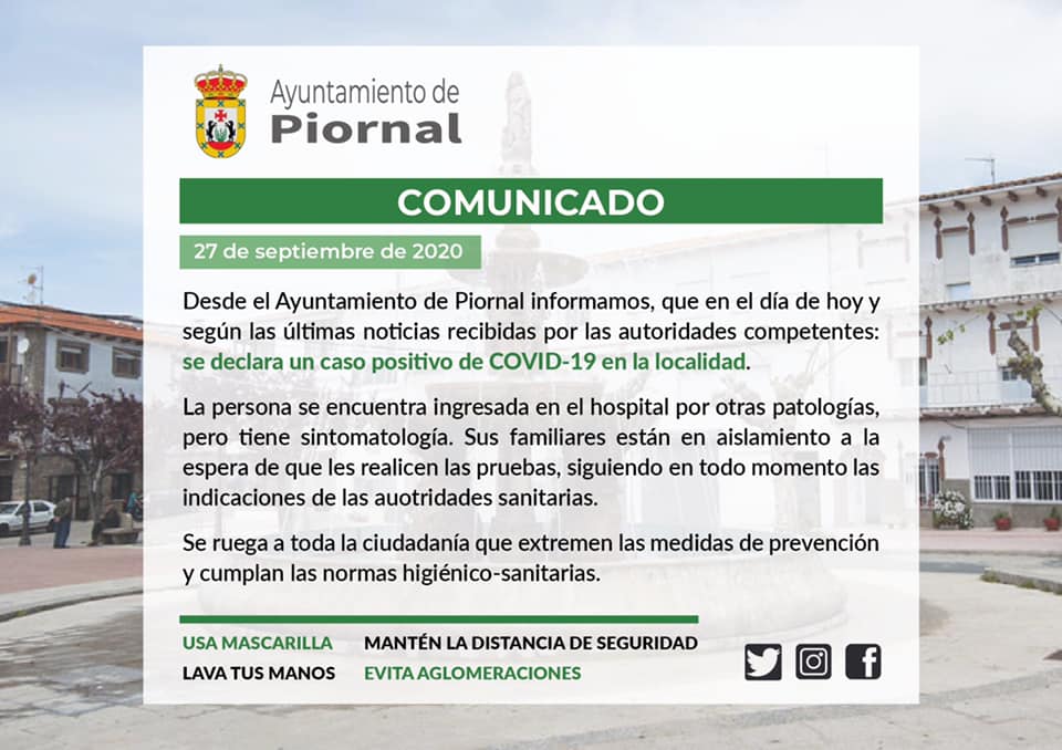 Un positivo por coronavirus (septiembre 2020) - Piornal (Cáceres)