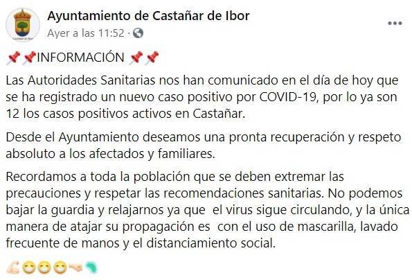 12 casos activos de COVID-19 (septiembre 2020) - Castañar de Ibor (Cáceres)
