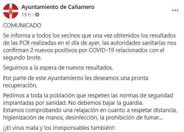 2 nuevos casos del segundo brote de COVID-19 (octubre 2020) - Cañamero (Cáceres)