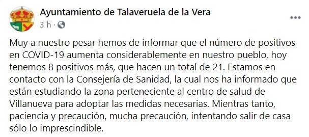 21 casos activos de COVID-19 (octubre 2020) - Talaveruela de la Vera (Cáceres)