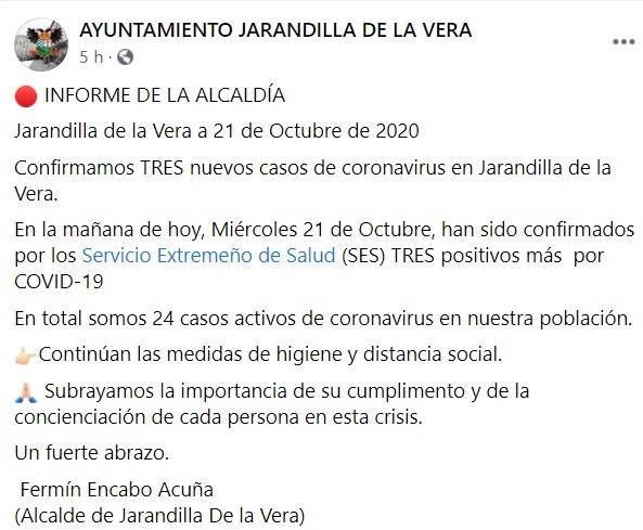 24 casos activos de COVID-19 (octubre 2020) - Jarandilla de la Vera (Cáceres)