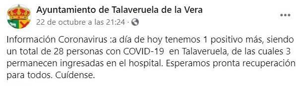 28 casos activos de COVID-19 (octubre 2020) - Talaveruela de la Vera (Cáceres)