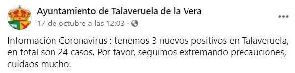 3 nuevos positivos por coronavirus (octubre 2020) - Talaveruela de la Vera (Cáceres)